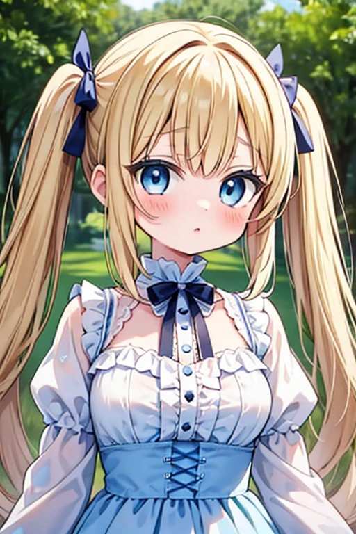 Highest quality,masterpiece,Blonde with blue eyes、Lolita、Beautiful breasts、Twin tails、Girl's Mischief,Alice in Wonderland,Japan,countryside,campsite,