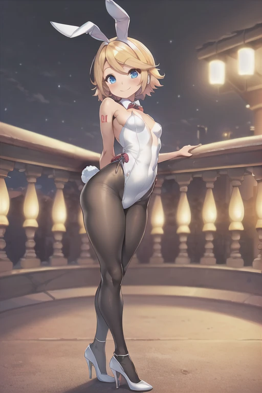 (((masterpiece))), ((highest quality)), (Very detailed), ((High resolution)), ((8k)), ((Anatomically correct)), One very cute girl, Baby Face, (Small breasts), Vocaloid, (Kagamine Rin), Blonde, Short Hair, Letting down your bangs, (Short), (Petite), Charming smile, Blue eyes, Best moment, Delicate arms, Detailed skin texture, Intricate details, Very detailedな顔, Beautiful thighs, Beautiful curves, (((Bunny girl))), (Casino at night), ((Wearing black tights)), ((Wearing high heels)), Beautiful standing posture, Model standing, The whole body is visible,