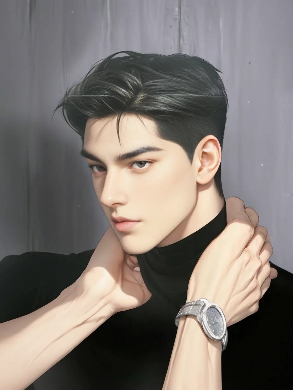 masterpiece, 1boy, young, handsome, black hair, undercut hair, perfect face, detailed eyes and face,black eyes, clean shaved, muscular, capturing a rural atmosphere, dynamic lighting, unreal engine 5