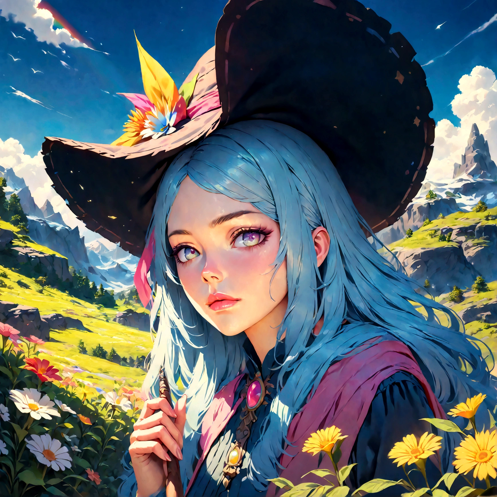 a colorful anime rainbow witch, 1girl, beautiful detailed eyes, beautiful detailed lips, extremely detailed face and features, long eyelashes, rainbow colored hair, witch hat, wand, magical rainbow effects, fantasy landscape, colorful flowers, glowing nature, vibrant colors, (best quality, 4k, 8k, highres, masterpiece:1.2), ultra-detailed, (realistic, photorealistic, photo-realistic:1.37), vibrant colors, fantasy art, digital painting