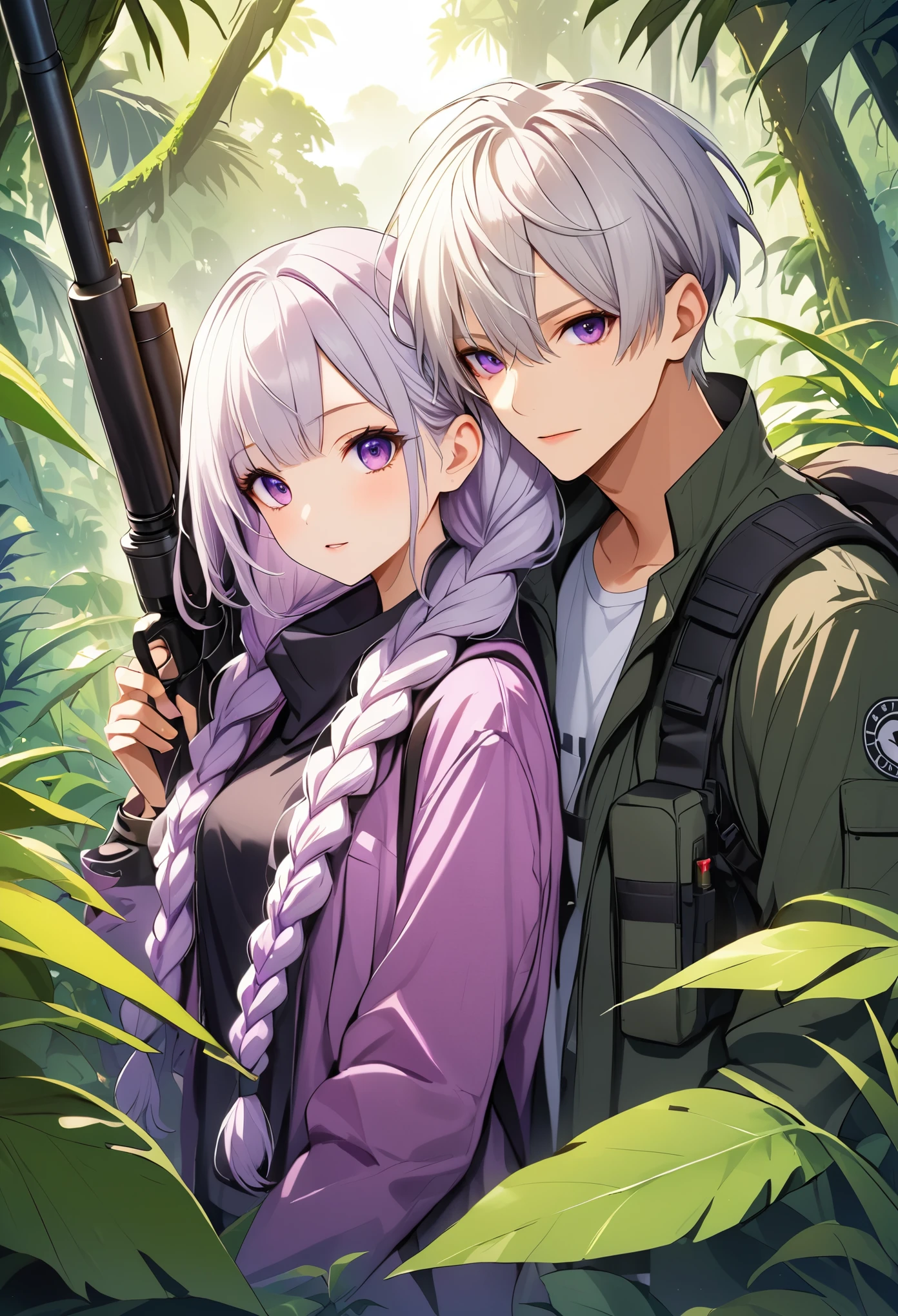 Vector illustration，A cool young couple，Agent，sniper, Purple Eyes，girl，Purple Eyes，White hair-purple-long braids。 jungle，vegetation，lush，Live SOS