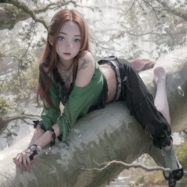 arafed woman in green shirt laying on a log in water, 1 7 - year - old goth girl, goth girl, on a tree, very beautiful goth top model, redhead girl, in a tree, cute young redhead girl, beautiful female punk, with red hair and green eyes, pale fair skin!!, fae teenage girl, sitting on a tree