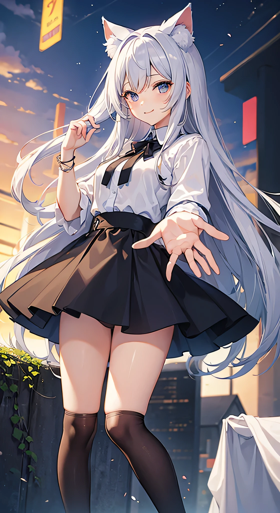 An absurd solution, High resolution, (masterpiece: 1.4), Super detailed,Silver Hair、Inner Pink、Cat ear、shirt、skirt、black tights、With hands outstretched、smile