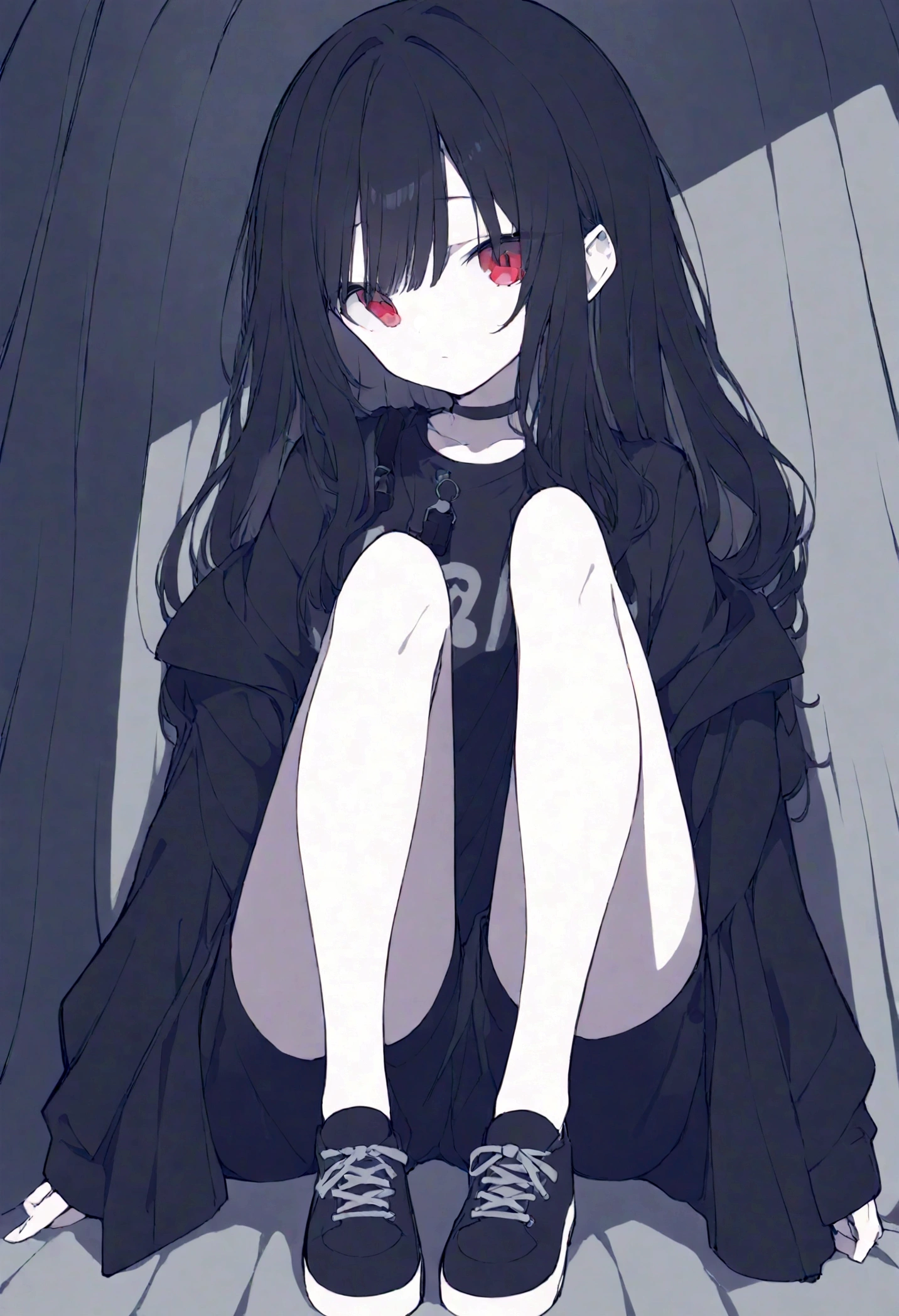 Girl, long curly black hair, red eyes, black choker around neck, , , sitting, expressionless, whiteＴShirt, black shorts, sneakers, modern, high quality, super detailed