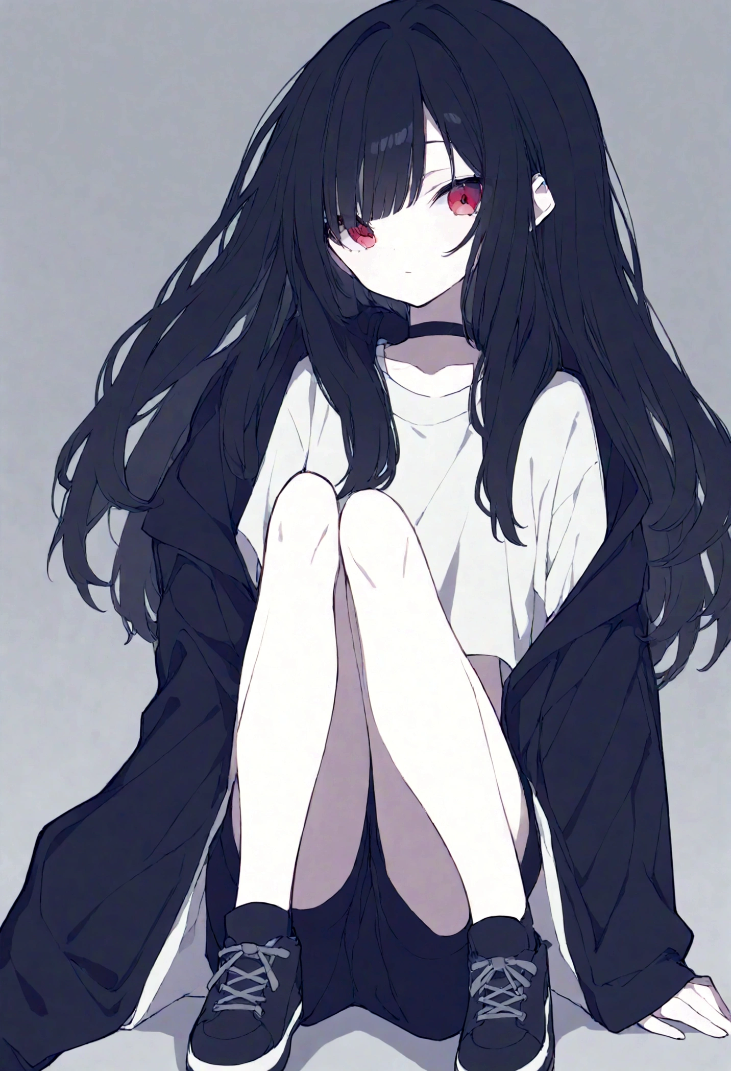 Girl, long curly black hair, red eyes, black choker around neck, , , sitting, expressionless, whiteＴShirt, black shorts, sneakers, modern, high quality, super detailed