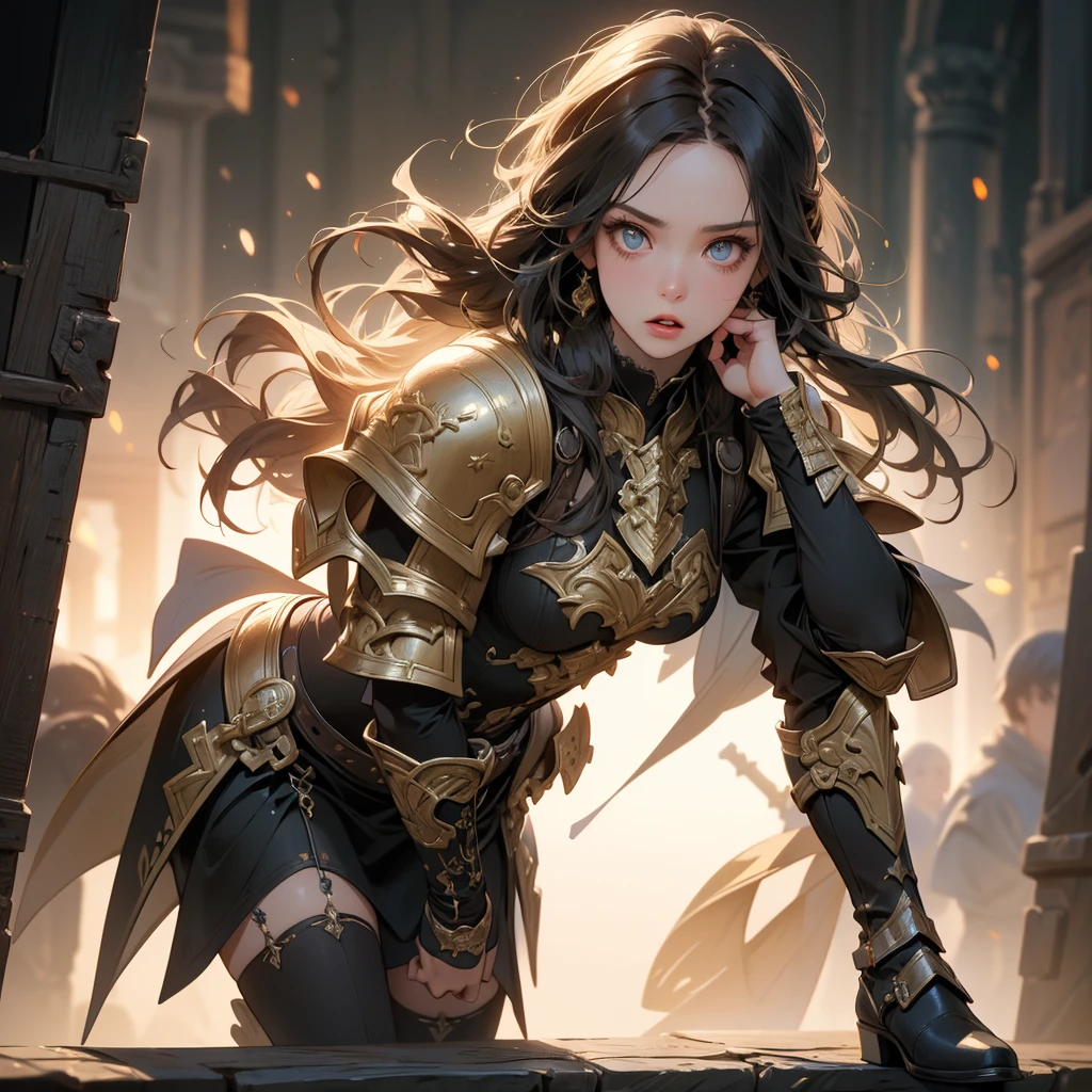 A dark and cursed female game character, wearing ornate black and gold armor, wielding a cursed blade, with dark vambraces and cursed boots, in a gloomy, atmospheric lighting, full body shot, (best quality,4k,8k,highres,masterpiece:1.2),ultra-detailed,(realistic,photorealistic,photo-realistic:1.37),HDR,UHD,studio lighting,ultra-fine painting,sharp focus,physically-based rendering,extreme detail description,professional,vivid colors,bokeh,dark fantasy,concept art