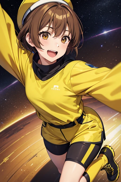 Anime drawings、Full body portrait、Space Sci-Fi Soldier、A female soldier, about 24 years old, about 160cm tall, running, wearing a yellow T-shirt and shorts、Laughing with mouth open、Wearing a yellow cap on his head、Short medium hairstyle、Brown Hair、Brown eyes、sports boots