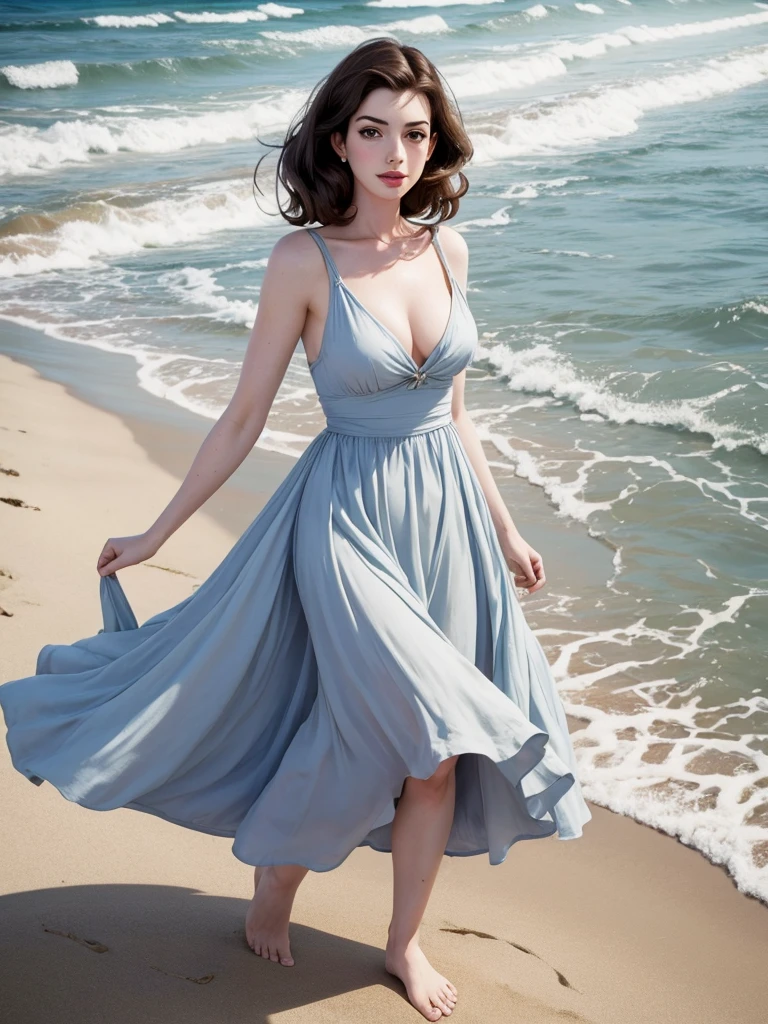 Anne Hathaway pin up style with dress. on the beach