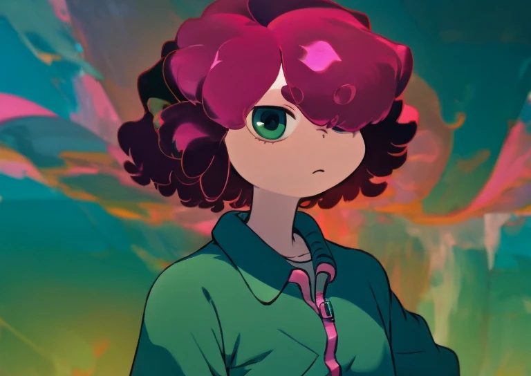 Zoe Smith, Dark Pink Hair, medium hair, curly hair, hair over one eye, Blue Green Tracksuit, Surrealism, UHD, 16k