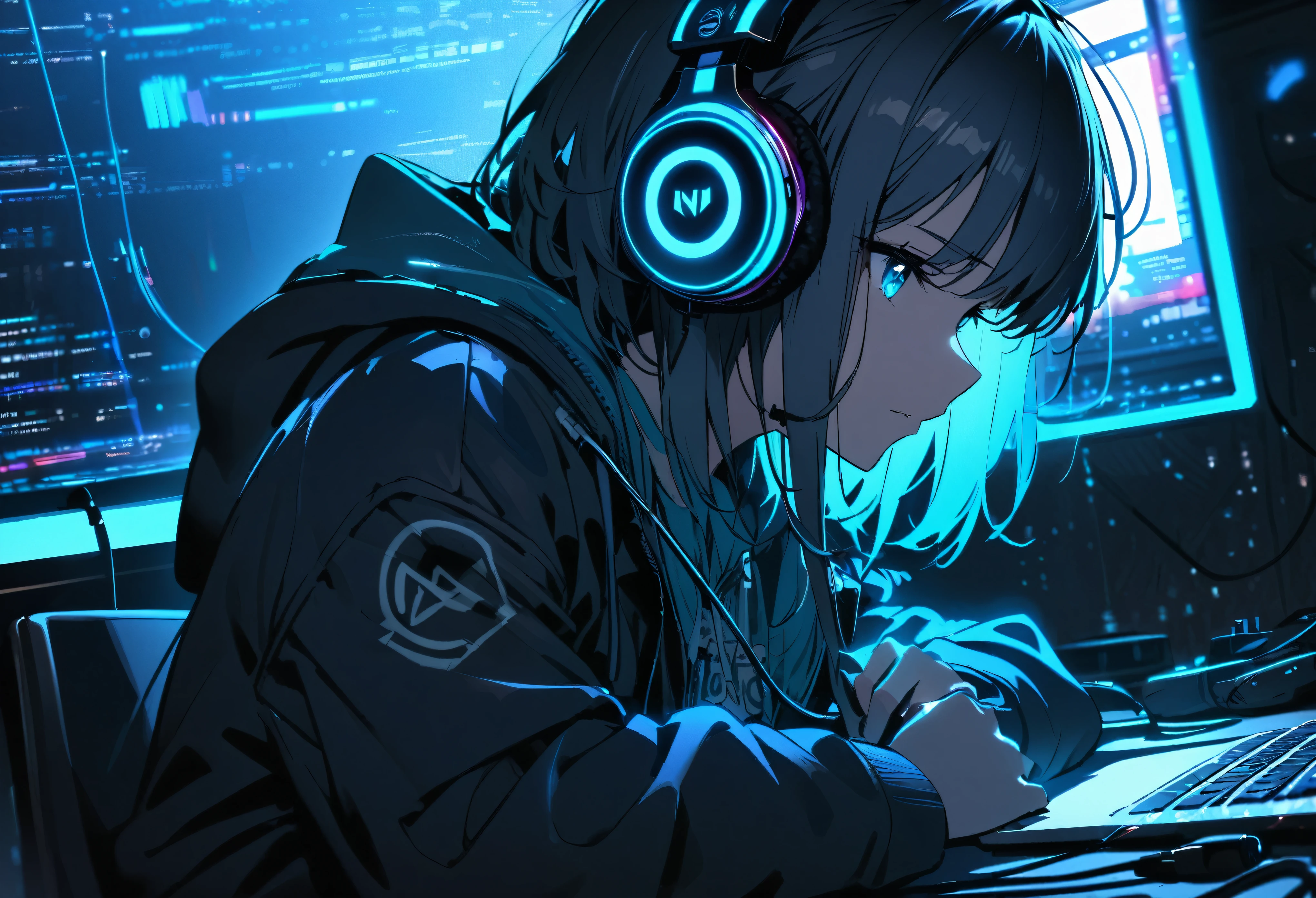 ultra detailed,1 girl, solo, jacket with hoodie, cool, headphone, RGB lighting headphones, headphones with blue lighting, headphone with cable, blue lighting, desk work, wallpaper