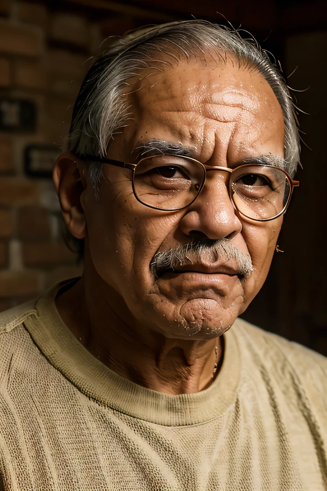 Man of robust build, 68 years old with glasses, cabello plomo canoso, with an expression of pain in the mouth since he has an oral infection and with a brown cane, white skin and have an expression that is very painful