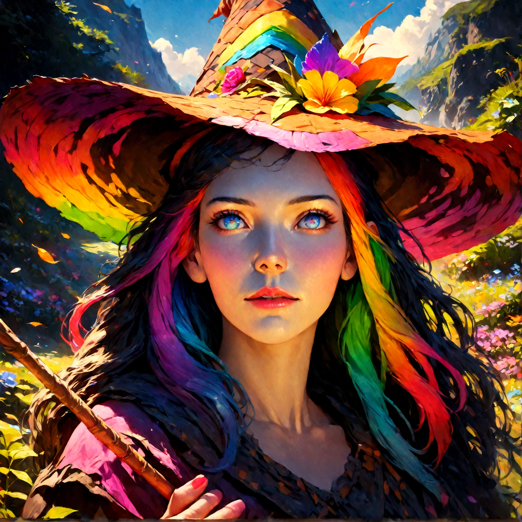 a colorful anime rainbow witch, 1girl, beautiful detailed eyes, beautiful detailed lips, extremely detailed face and features, long eyelashes, rainbow colored hair, witch hat, wand, magical rainbow effects, fantasy landscape, colorful flowers, glowing nature, vibrant colors, (best quality, 4k, 8k, highres, masterpiece:1.2), ultra-detailed, (realistic, photorealistic, photo-realistic:1.37), vibrant colors, fantasy art, digital painting