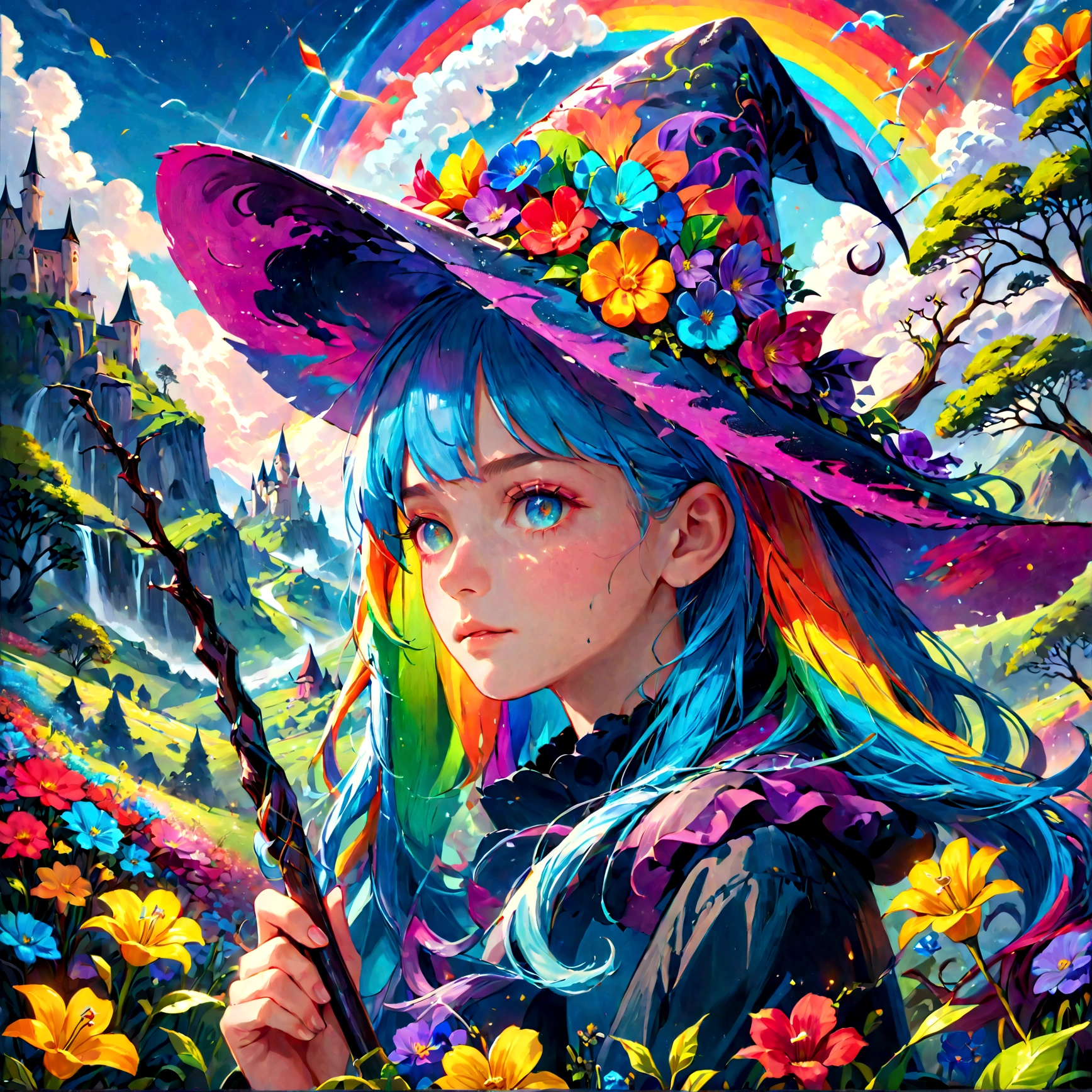 a colorful anime rainbow witch, 1girl, beautiful detailed eyes, beautiful detailed lips, extremely detailed face and features, long eyelashes, rainbow colored hair, witch hat, wand, magical rainbow effects, fantasy landscape, colorful flowers, glowing nature, vibrant colors, (best quality, 4k, 8k, highres, masterpiece:1.2), ultra-detailed, (realistic, photorealistic, photo-realistic:1.37), vibrant colors, fantasy art, digital painting