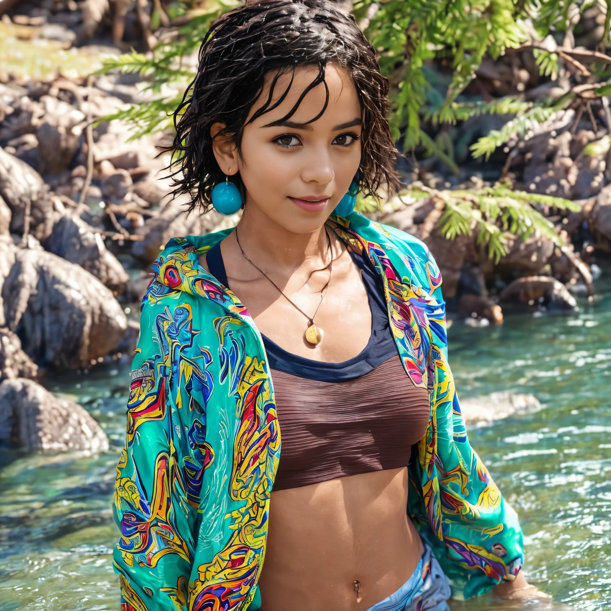 (Best quality, 8k, 32k, Masterpiece, UHD:1.2),Photo of Pretty woman, very short bob hair,upper body,oversized_shirt, necklace,  background, from above, looking at viewer, dyed rainbow hair, tropical beach, smile, jacket, tunic, standing in water, wet clothes, wet, wet hair, soaked, african