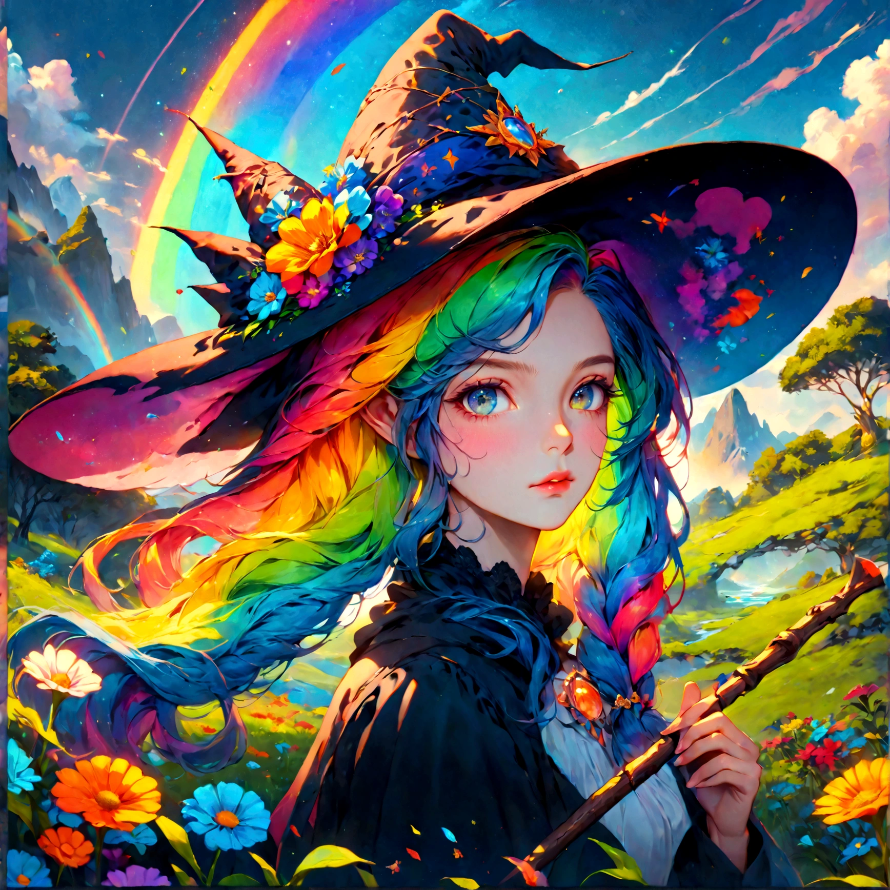 a colorful anime rainbow witch, 1girl, beautiful detailed eyes, beautiful detailed lips, extremely detailed face and features, long eyelashes, rainbow colored hair, witch hat, wand, magical rainbow effects, fantasy landscape, colorful flowers, glowing nature, vibrant colors, (best quality, 4k, 8k, highres, masterpiece:1.2), ultra-detailed, (realistic, photorealistic, photo-realistic:1.37), vibrant colors, fantasy art, digital painting