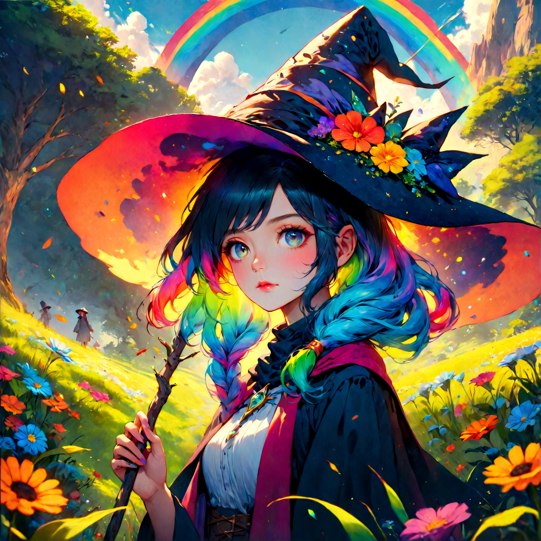 a colorful anime rainbow witch, 1girl, beautiful detailed eyes, beautiful detailed lips, extremely detailed face and features, long eyelashes, rainbow colored hair, witch hat, wand, magical rainbow effects, fantasy landscape, colorful flowers, glowing nature, vibrant colors, (best quality, 4k, 8k, highres, masterpiece:1.2), ultra-detailed, (realistic, photorealistic, photo-realistic:1.37), vibrant colors, fantasy art, digital painting