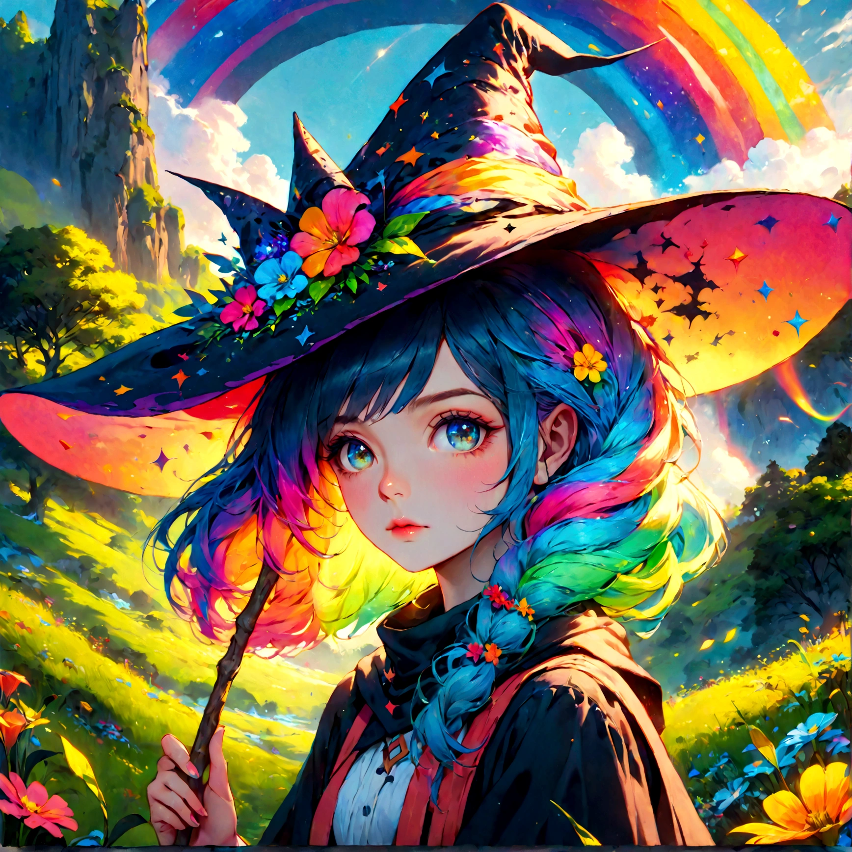 a colorful anime rainbow witch, 1girl, beautiful detailed eyes, beautiful detailed lips, extremely detailed face and features, long eyelashes, rainbow colored hair, witch hat, wand, magical rainbow effects, fantasy landscape, colorful flowers, glowing nature, vibrant colors, (best quality, 4k, 8k, highres, masterpiece:1.2), ultra-detailed, (realistic, photorealistic, photo-realistic:1.37), vibrant colors, fantasy art, digital painting