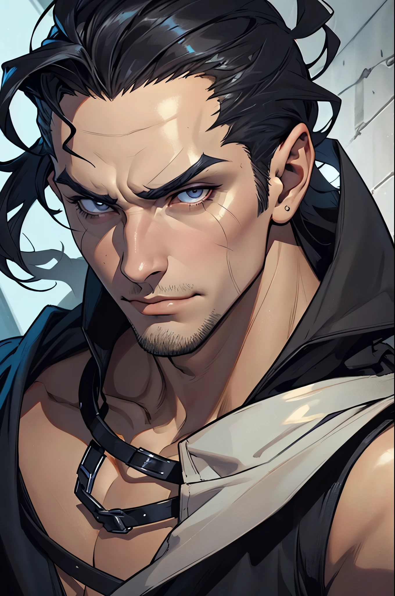 Create a detailed close-up portrait of Dante Moretti (Hades). He has an angular and severe face with prominent cheekbones and pale, slightly ashen skin. His deep black eyes, with a cold, calculating gleam, and his penetrating gaze are central to his character. His black, wavy hair is short on the sides and longer on top, styled back in a classic yet modern look. Add a subtle dark, oppressive aura with shifting shadows or a slight tremor in the air and a somber, deadly glow around him to emphasize his connection with Hades.
