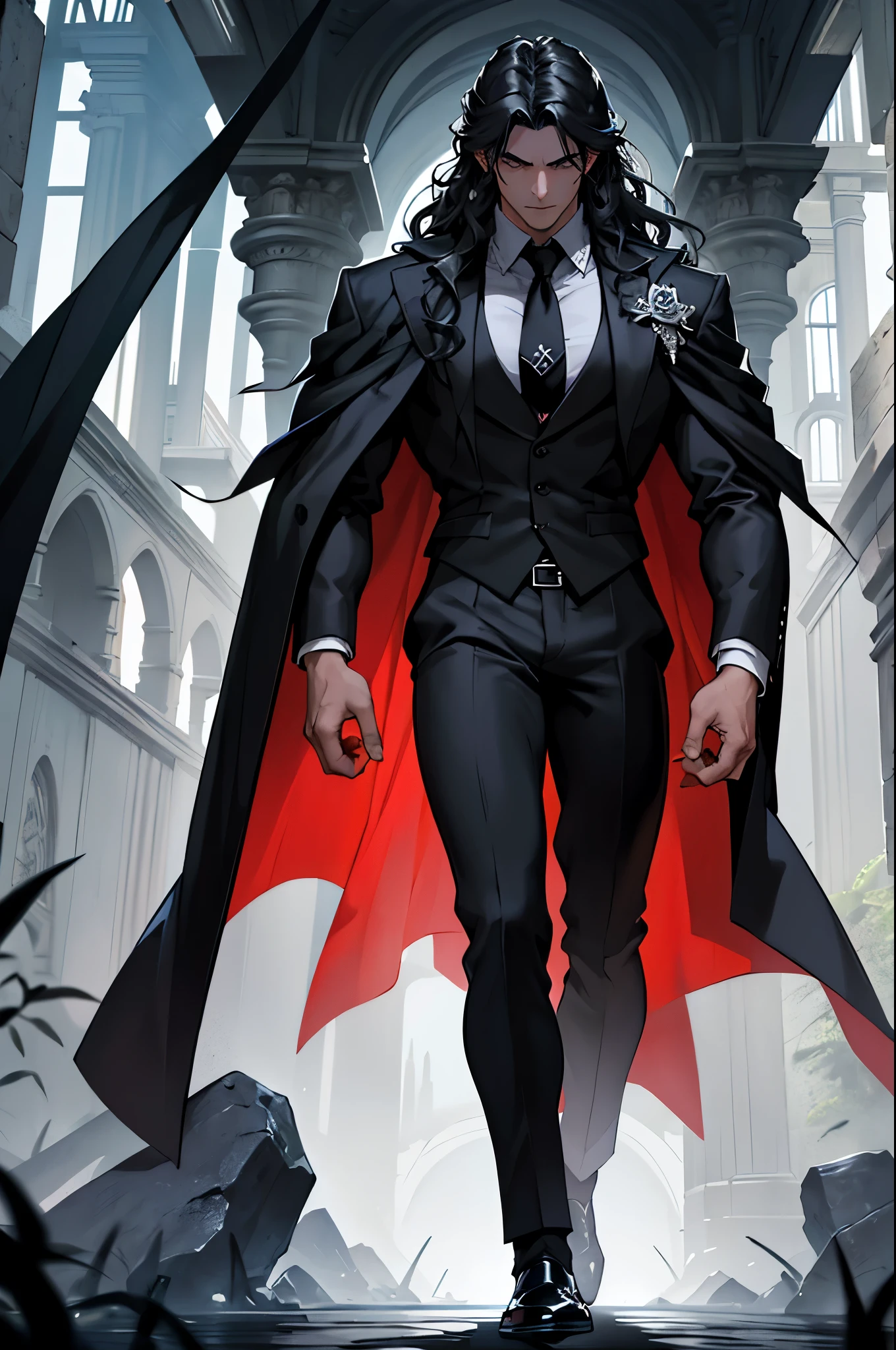    Create a full-body fantasy illustration of Dante Moretti (Hades). He stands athletic and muscular, wearing a dark, impeccably tailored suit, usually black or very dark gray, with a black shirt and silk tie. He dons a long black cloak that adds an air of mystery and power. His black, wavy hair and deep black eyes reflect his imposing and powerful presence. Surround him with a dark, oppressive aura with shifting shadows or a slight tremor in the air and a somber, deadly glow to highlight his dominion over the underworld and death.