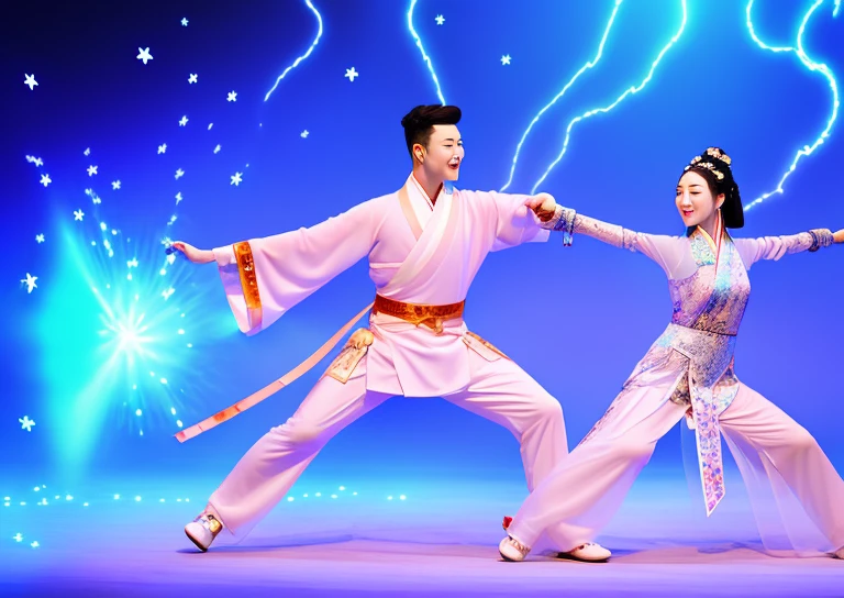 A handsome Chinese boy and girl competition, full body, combat posture, sharp eyes, clear facial features, wearing Hanfu, runes around, holographic reality, holographic halo, motion blur, game light effects, edge light, soft light, movie edge light, delicate light