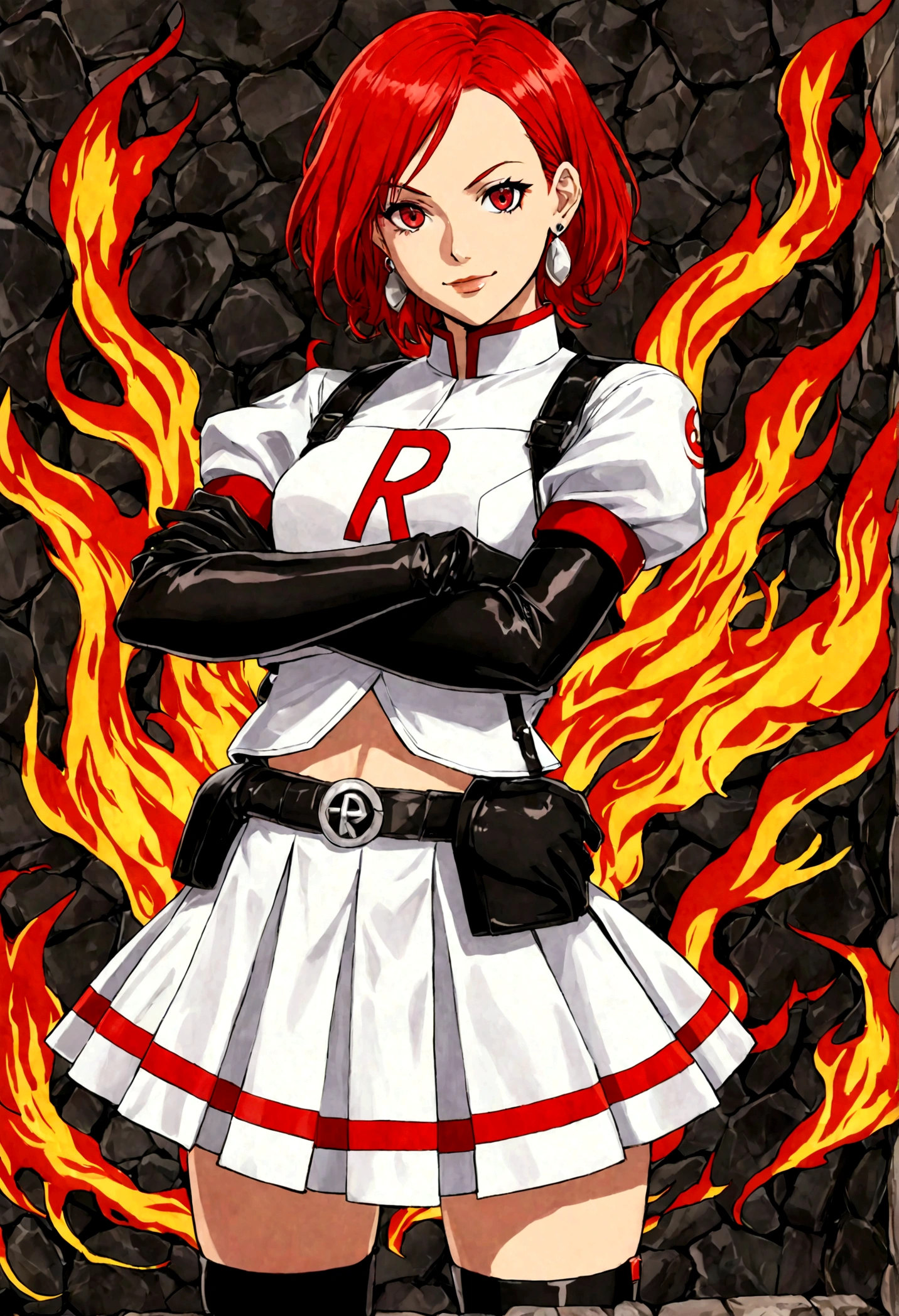 (((1 girl))) short hair, earings ,glossy lips ,team rocket uniform, red letter R, white skirt, white crop top, black thigh-high boots, black elbow gloves, evil smile, looking at viewer, cowboy shot, arms crossed, full body photo Mercedes von Martritz (Fire Emblem: Three Houses)