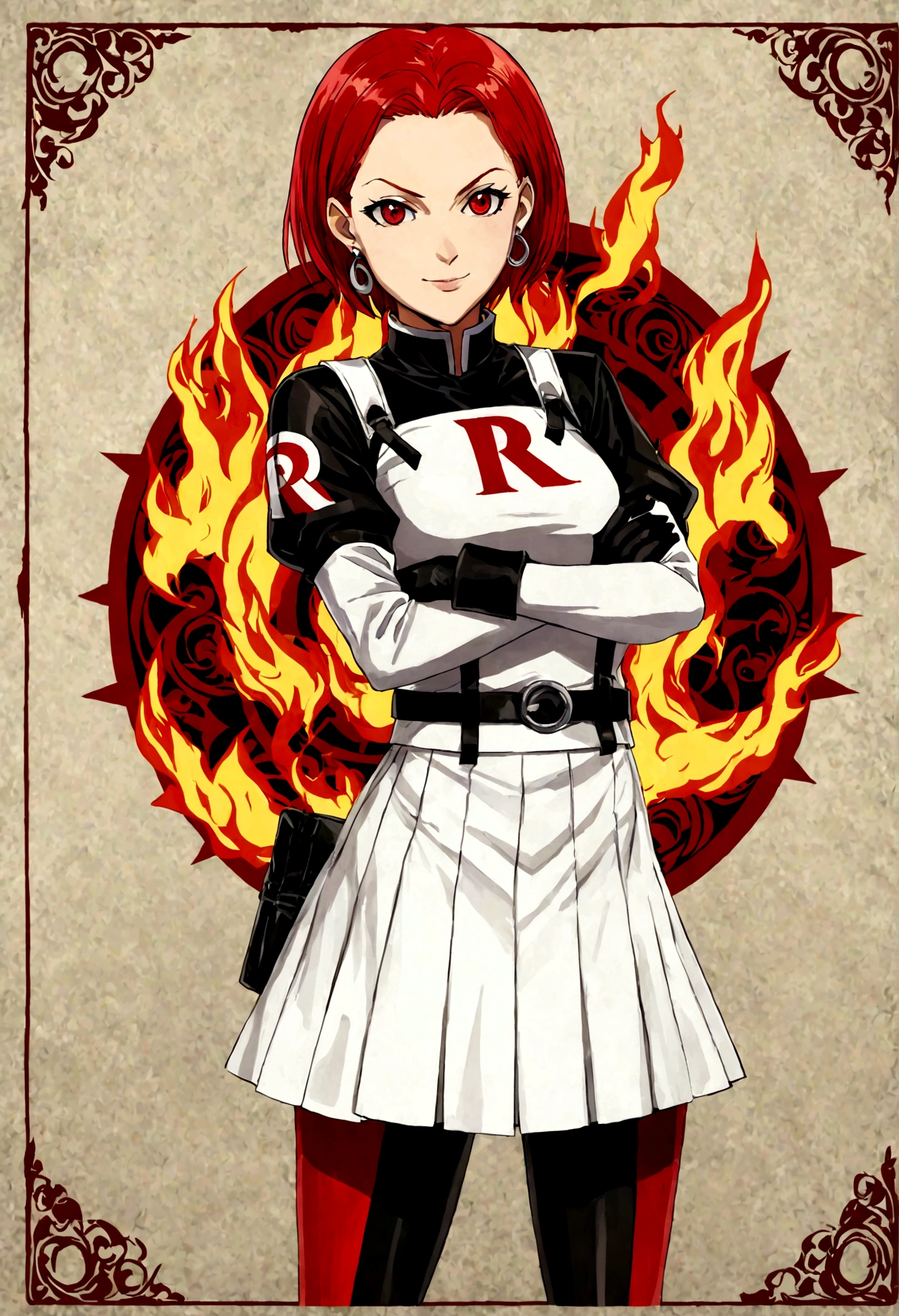 (((1 girl))) short hair, earings ,glossy lips ,team rocket uniform, red letter R, white skirt, white crop top, black thigh-high boots, black elbow gloves, evil smile, looking at viewer, cowboy shot, arms crossed, full body photo Mercedes von Martritz (Fire Emblem: Three Houses)