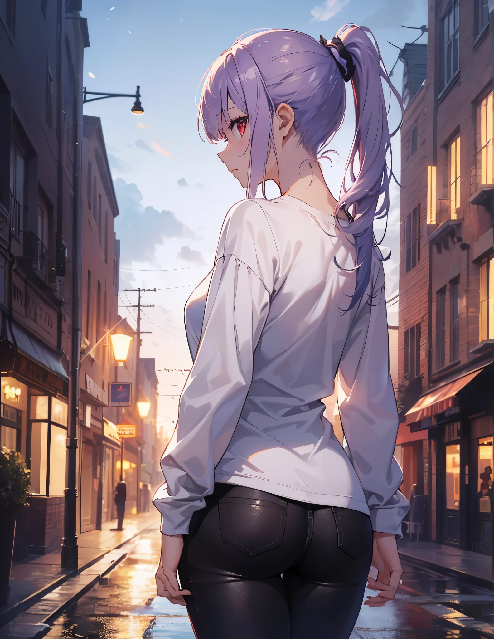 (Close-up:1.3),Realistic,highest quality, Super detailed, High-quality CG rendering, The most delicate and beautiful, Floating softly, High resolution, (1 girl), (highest quality,4K,8k,masterpiece:1.2), Light purple hair,(ponytail:1.5),Red eyes,(White oversized long sleeve T-shirt:1.3),(Black skinny pants:1.3),(Pure white cap:1.3),In the city,old buildings,(Upper Body:1.3),(Turn your back to your audience:1.3),Ass,