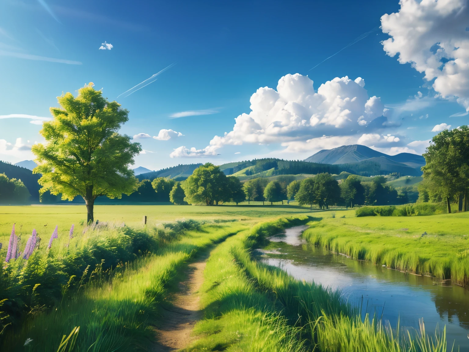 Rural landscape, Grass, Tree, lake, Dirt Road, Blue sky,Clouds,Ultra illumination, Optimal lighting, HD, masterpiece, high quality, high resolution, Best quality, artwork, Super quality, Tree Details,real picture
