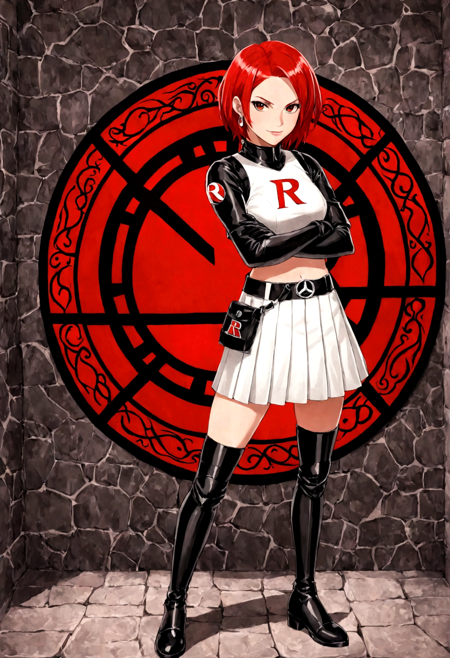 (((1 girl))) short hair, earings ,glossy lips ,team rocket uniform, red letter R, white skirt, white crop top, black thigh-high boots, black elbow gloves, evil smile, looking at viewer, cowboy shot, arms crossed, full body photo Mercedes von Martritz (Fire Emblem: Three Houses)