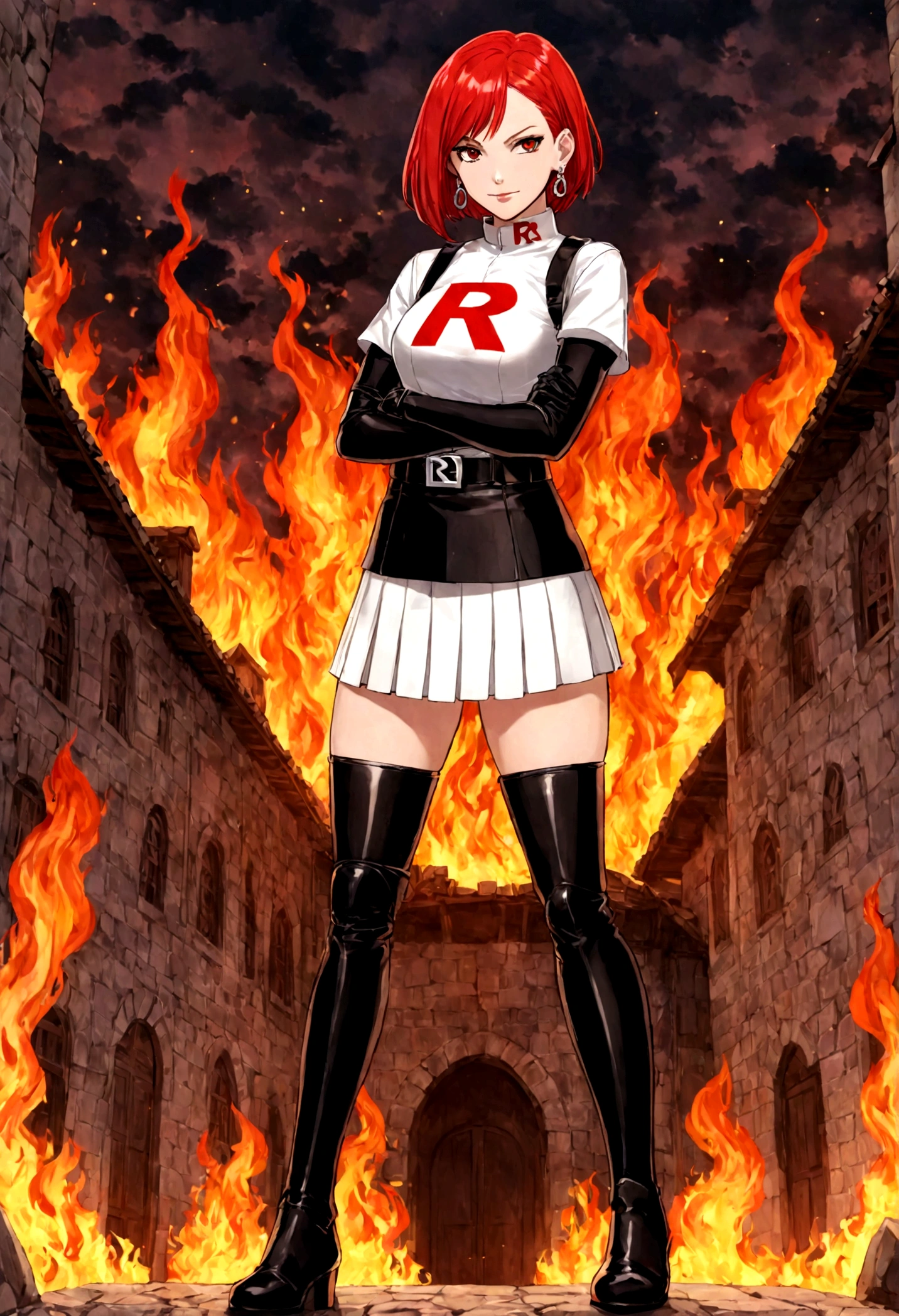 (((1 girl))) short hair, earings ,glossy lips ,team rocket uniform, red letter R, white skirt, white crop top, black thigh-high boots, black elbow gloves, evil smile, looking at viewer, cowboy shot, arms crossed, full body photo Mercedes von Martritz (Fire Emblem: Three Houses)
