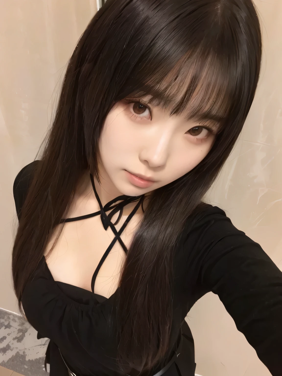 un primer plano de una mujer con cabello largo y vistiendo un top negro, Yoshitomo Nara, chiho, pelo cortado hime negro, shikamimi, sui ishida con cabello negro, shiori teshirogi, el corte de hime, neat hair Con flequillo, ayami kojima amano, Con flequillo, narumi kakinouchi rei de ive IVE rei naoi rei