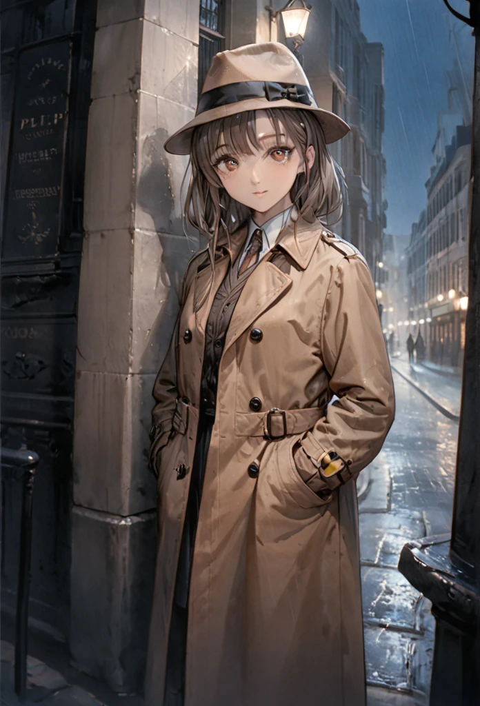 detailed illustration (side view),dynamic angle,ultra-detailed, illustration, pose for the camera, smiling at viewer, clean line art, shading, anime, 2020’s anime style, detailed eyes, detailed face, beautiful face standing on a sidewalk,

Noir Detective, trench coat, fedora hat, radio drama, pulp magazine character, long trench coat, hat, fedora hat, brown coat and matching hat, dark band on hat, 1940’s, ,Noir, beautiful woman, in a open trench coat, night, rain, brown shoulder length hair, brown eyes, hard boiled, female fatale vibes, noir, deep in thought, detective, plup magazine detective, noir vibe

Urban fantasy setting, dark elf,