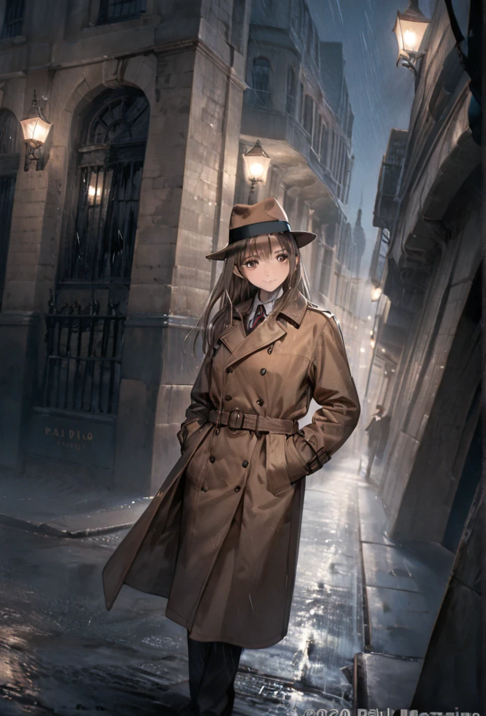 detailed illustration (side view),dynamic angle,ultra-detailed, illustration, pose for the camera, smiling at viewer, clean line art, shading, anime, 2020’s anime style, detailed eyes, detailed face, beautiful face standing on a sidewalk,

Noir Detective, trench coat, fedora hat, radio drama, pulp magazine character, long trench coat, hat, fedora hat, brown coat and matching hat, dark band on hat, 1940’s, ,Noir, beautiful woman, in a open trench coat, night, rain, brown shoulder length hair, brown eyes, hard boiled, female fatale vibes, noir, deep in thought, detective, plup magazine detective, noir vibe

Urban fantasy setting, dark elf,