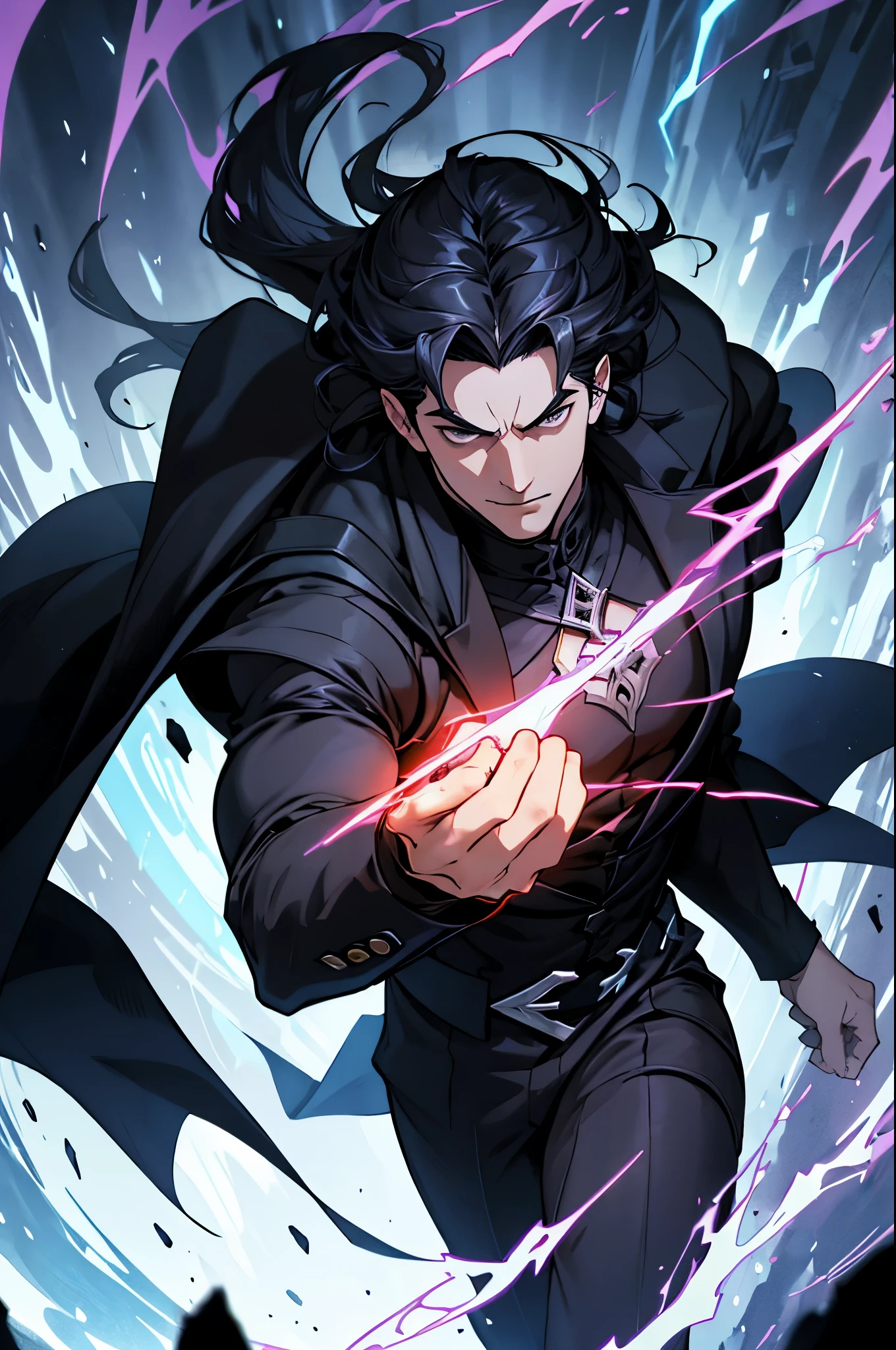    Illustrate Dante Moretti (Hades) in an action pose. He is in the midst of summoning his dark powers, with his dark, impeccably tailored suit and long black cloak moving dynamically. His deep black eyes are focused and intense, and his black, wavy hair moves with him. Surround him with a dynamic dark, oppressive aura with shifting shadows or a slight tremor in the air and a somber, deadly glow to showcase his connection with Hades and his powerful presence.