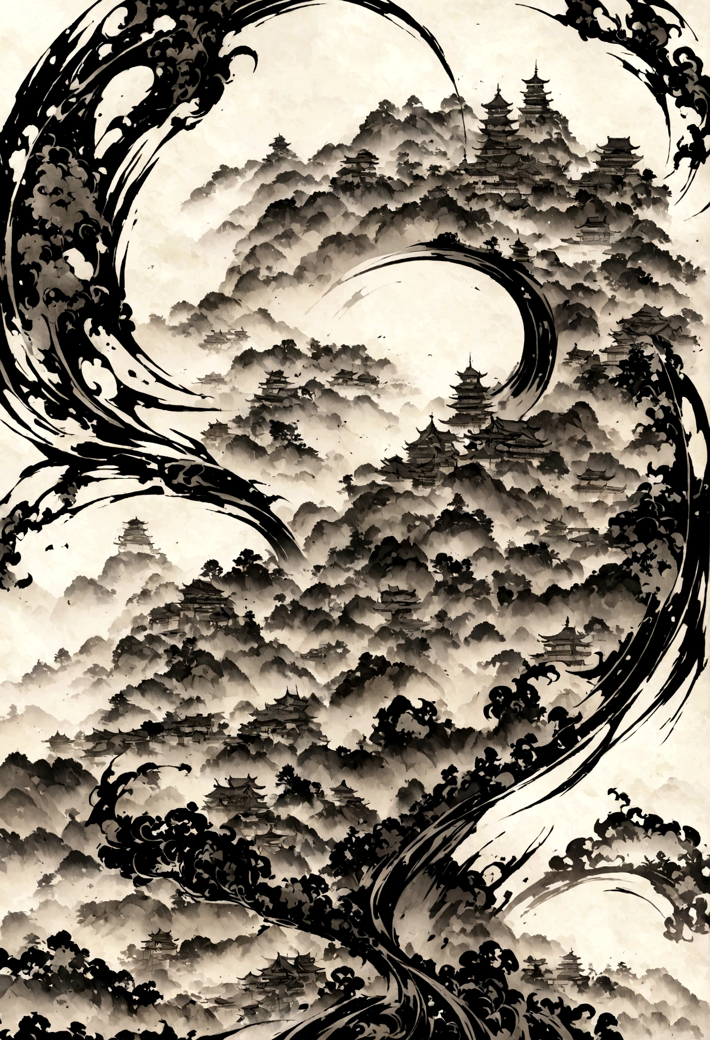 hinese Landscape Ink Painting High Angle Perspective OC Rendered Sculpture --S 750 --Niji 5