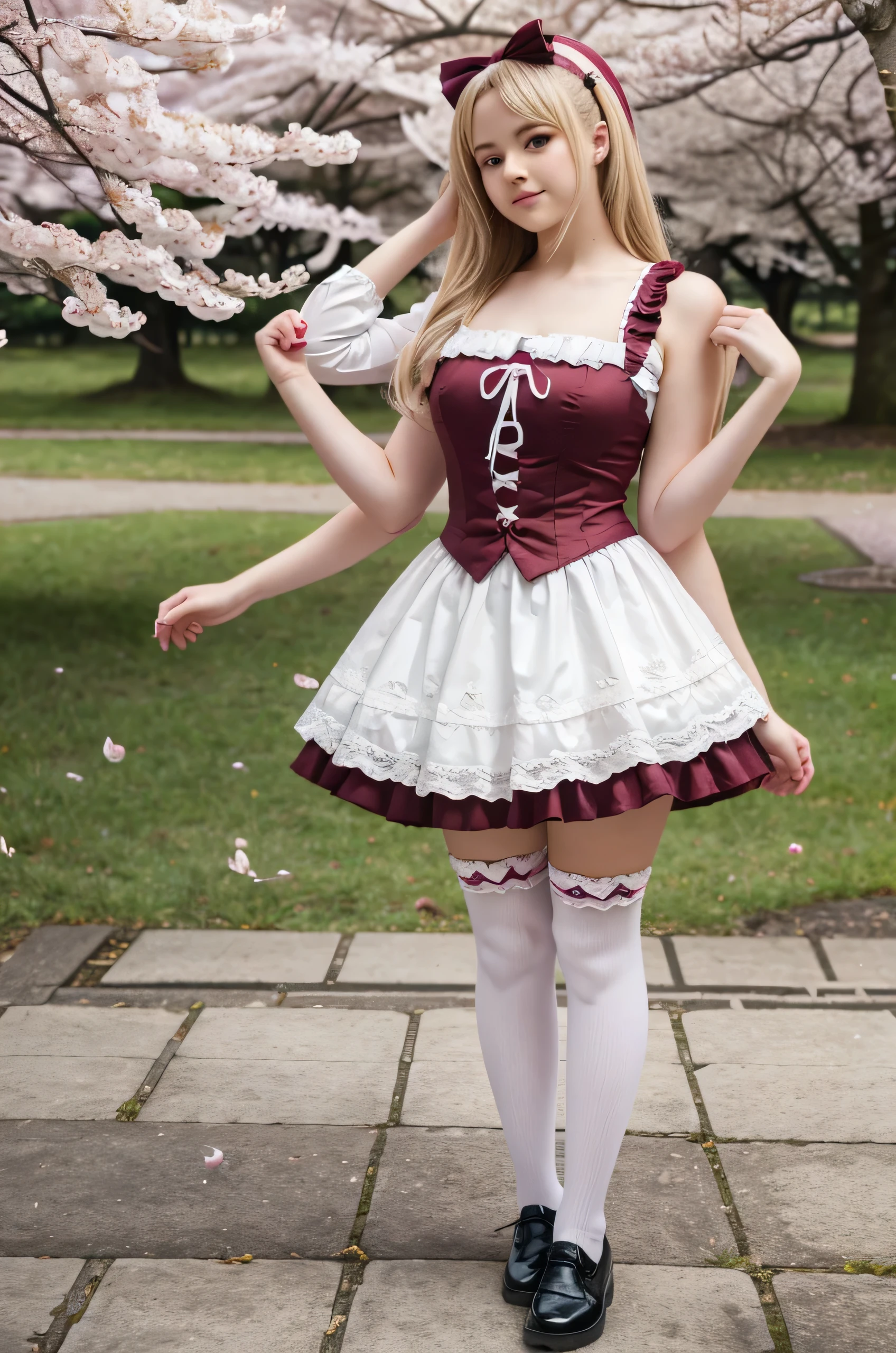 young woman with four arms, age 20, slightly curvy, blonde hair, lolita fashion, burgundy and white lolita dress, hair ribbons, white knee high socks, black shoes, in a park surrounded by cherry blossom trees,