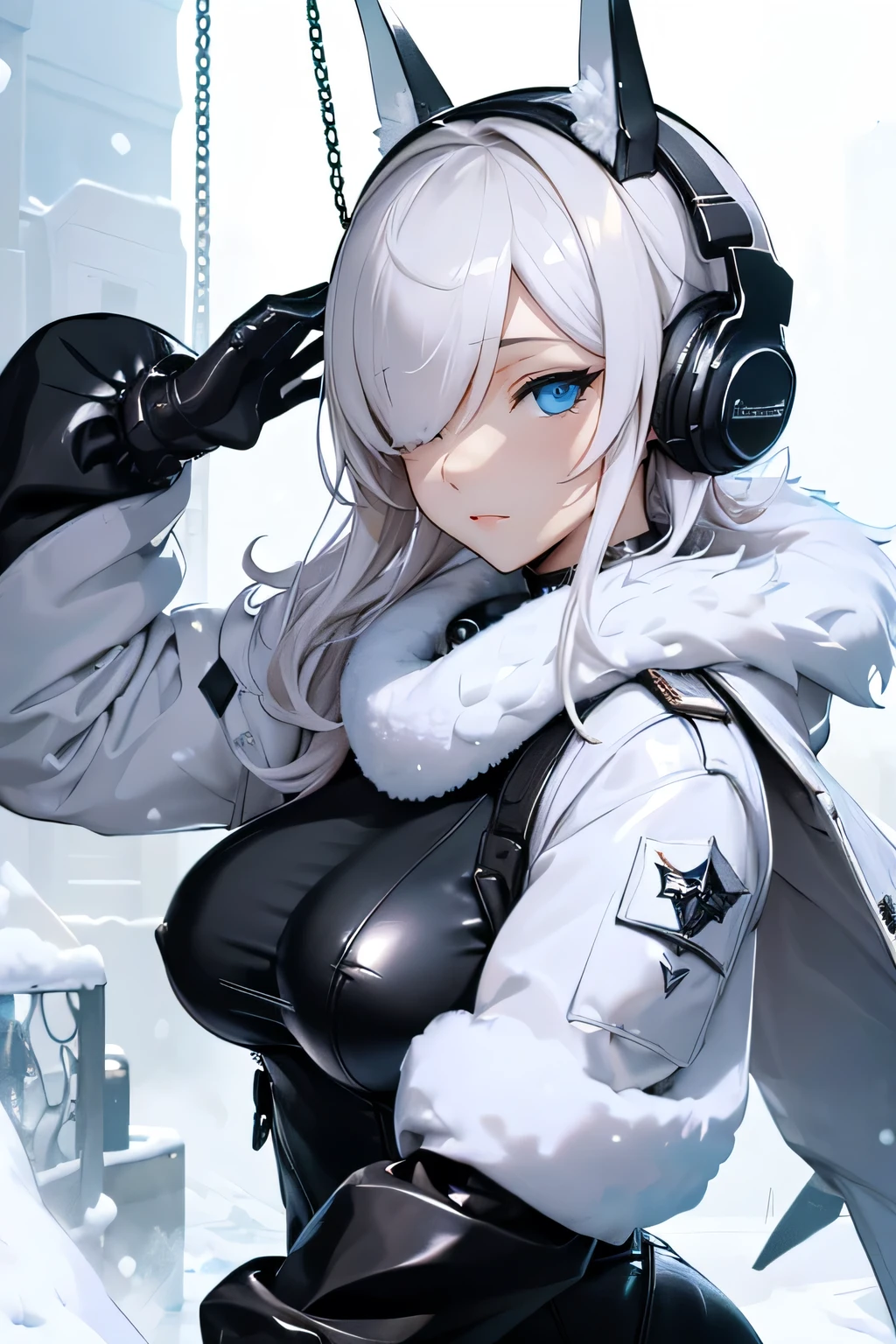 (Large Breasts), (Snow Scene), (Detailed eyes and face:1.3), (Very elegant and beautiful:1.1), (Perfect detail:1.1), Nod, name, Animal Food, Bodysuits, Fur trim, Wide sleeves, gloves, Jacket, Headphones around the neck