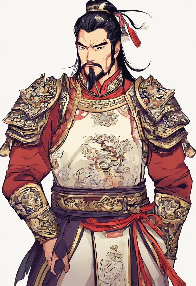 Ancient Chinese man in armor、Clever man、Looking into the camera、His hair is in a bun、Only one topknot、Black Hair、Stand and pose、Pixel art、(masterpiece, highest quality, highest quality), pixel,pixel art,whole body,Characters in Romance of the Three Kingdoms、Transform、Short Deformation、The head is decorated with white embroidery....、Handsome man in trousers