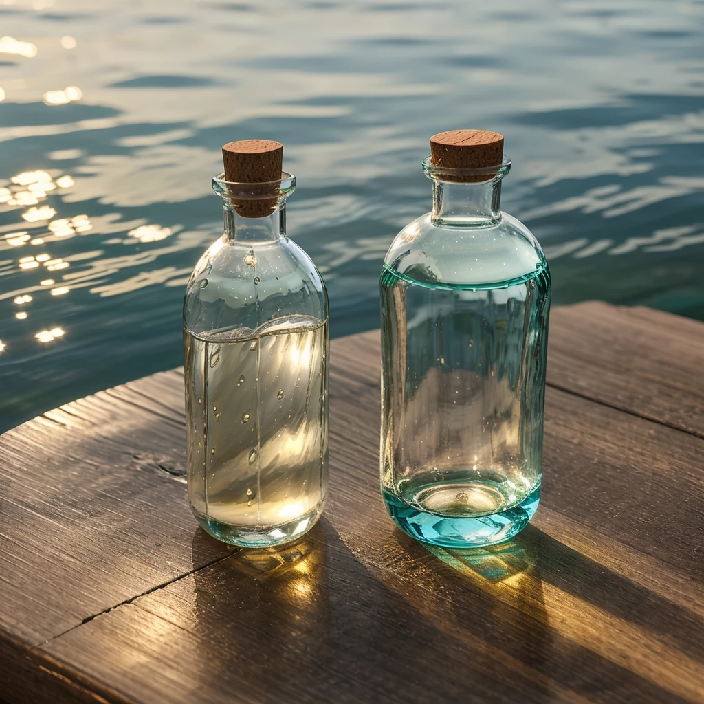A translucent glass bottle rests gently on a polished wooden table, containing crystal clear water that reflects ambient light, creating dancing patterns of reflections. The purity of the water is evident through its immaculate transparency, inviting you to contemplate its serenity and freshness.