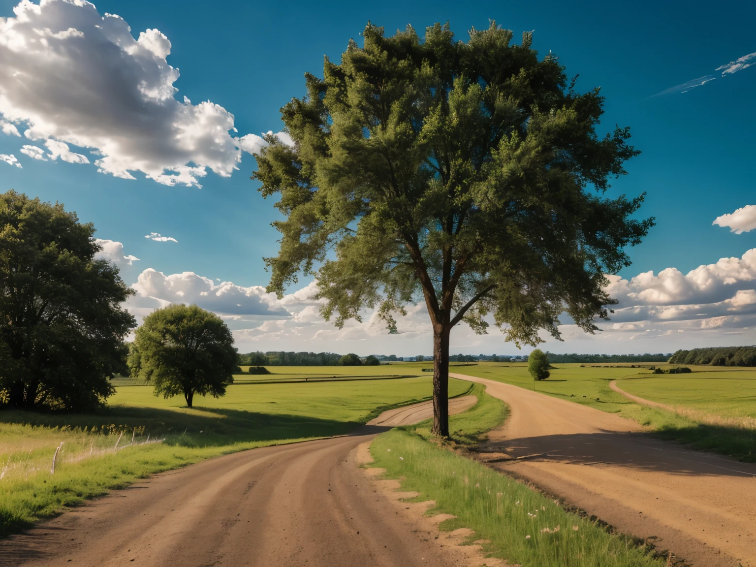 Rural landscape， Grass， Tree， lake， Dirt Road， Blue sky，Clouds，Ultra illumination， Optimal lighting， HD， masterpiece， high quality， high resolution， Best quality， artwork， Super quality， Tree Details,real picture