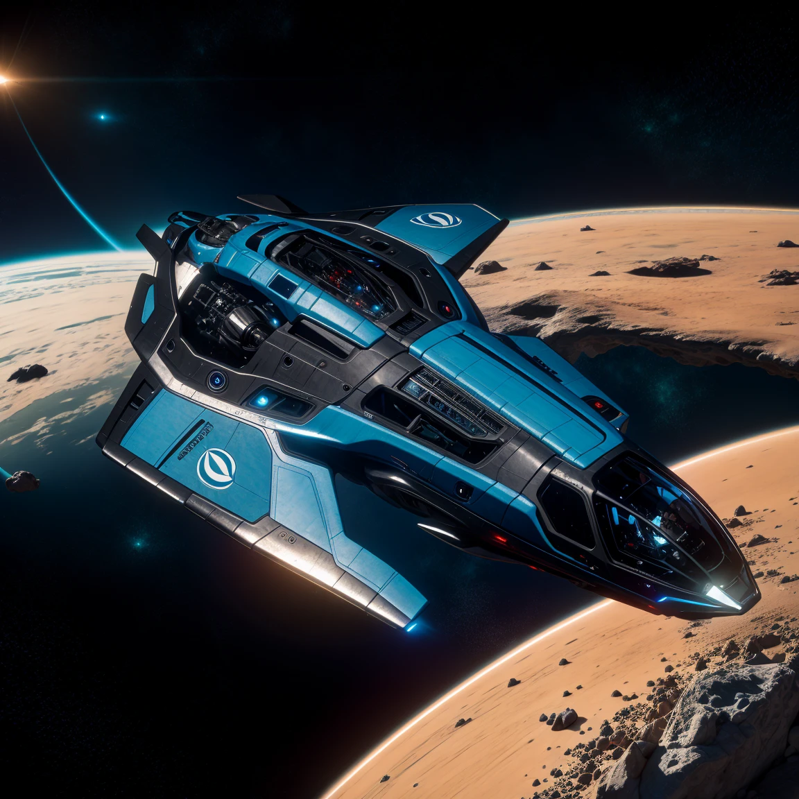 futuristic spaceship, smooth lines aerodynamic, flying in space near a supernova blue sun