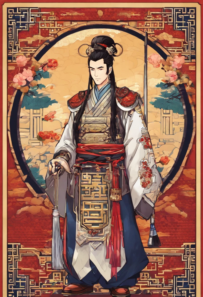 Ancient Chinese man in armor、Clever man、Looking into the camera、His hair is in a bun、Only one topknot、Black Hair、Stand and pose、Pixel art、(masterpiece, highest quality, highest quality), pixel,pixel art,whole body,Characters in Romance of the Three Kingdoms、Transform、Short Deformation、The head is decorated with white embroidery....、Handsome man in trousers