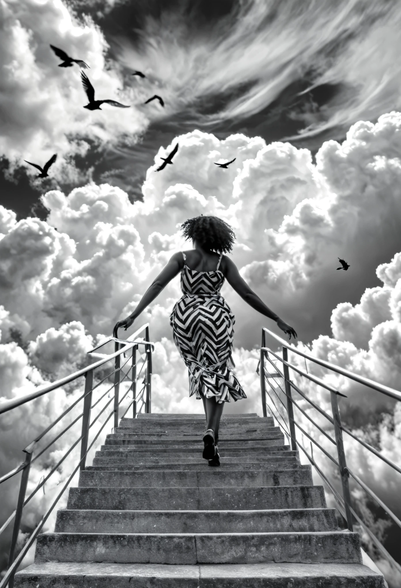 from a distance a black woman is seen walking up the stairs case twirling into the sky, clouds surrounding her giving a sense of surrealism, birds flying around her, black and white imagery greatly inspired by Germany expressionism art, 32k, ultra HD,