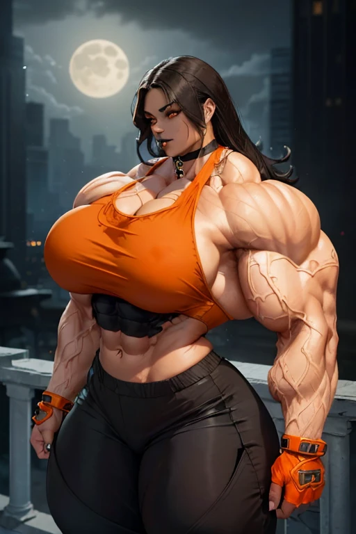 (((((Massive, beautiful, light brown skinned, buff, muscular woman with black hair, black lipstick, glowing orange eyes, ginormous bulky muscles and wearing a black halter top with pants))))), (close view), (massive muscles), massive biceps, hyper muscle shoulders, vascular shoulders, hyper muscle triceps, (long straight hair), orange glowing eyes, gauntlets, pants, chain belt, choker, high heel boots, (in a moonlit city), fingerless gloves, closed smile, night, hyper vascular arm, hyper muscles arms, hyper muscle legs, massive arms.