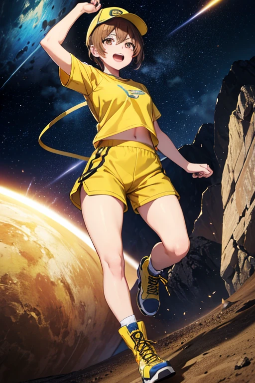 Anime drawings、Full body portrait、Space Sci-Fi Soldier、A female soldier, about 24 years old, about 160cm tall, running, wearing a yellow T-shirt and shorts、Laughing with mouth open、Wearing a yellow cap on his head、Short medium hairstyle、Brown Hair、Brown eyes、sports boots