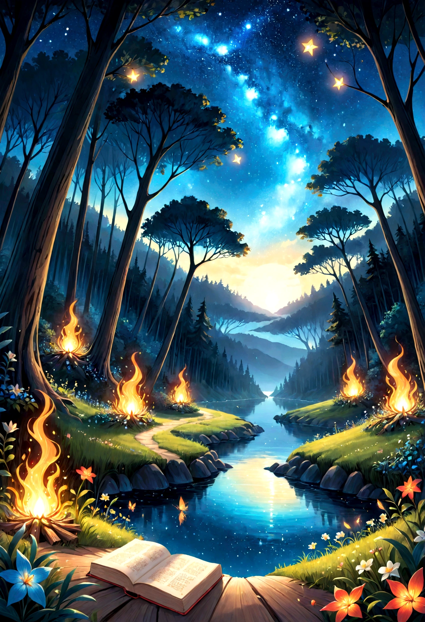 Children&#39;s book illustrations, fundo de Floresta noturna, Enchanted Forest, Starry Sky, Forest road, lagoon, Floresta, Flores, fire Fly, Fairy Tale Books.