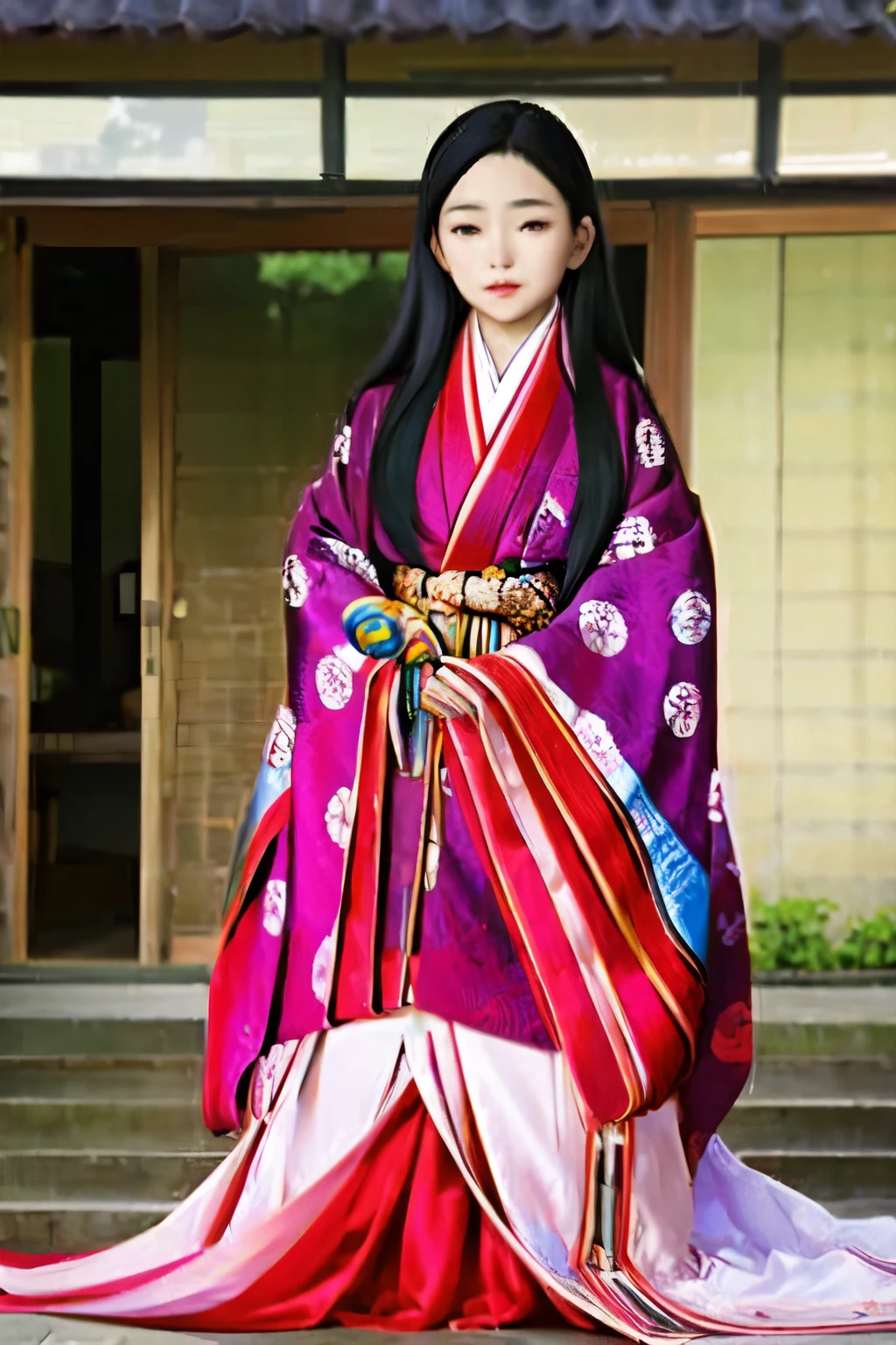 (masterpiece, best quality:1.2), 1girl, juni-hitoe, solo, very long black hair, wine red karaginu, purple-red hakama, holding open hiogi,