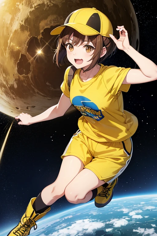 Anime drawings、Full body portrait、Space Sci-Fi Soldier、A female soldier, about 24 years old, about 160cm tall, running, wearing a yellow T-shirt and shorts、Laughing with mouth open、Wearing a yellow cap on his head、Short medium hairstyle、Brown Hair、Brown eyes、sports boots