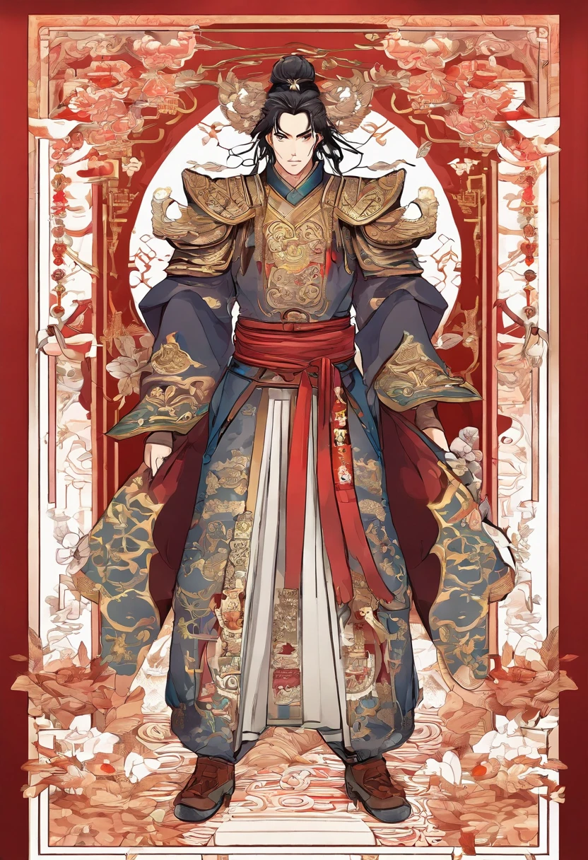 Ancient Chinese man in armor、Clever man、Looking into the camera、His hair is in a bun、Only one topknot、Black Hair、Stand and pose、Pixel art、(masterpiece, highest quality, highest quality), pixel,pixel art,whole body,Characters in Romance of the Three Kingdoms、Transform、Short Deformation、The head is decorated with white embroidery....、Handsome man in trousers