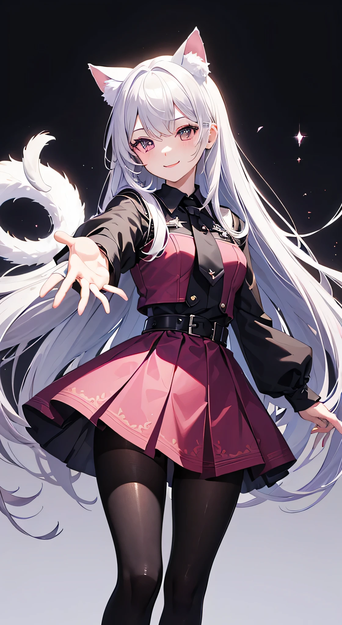 An absurd solution, High resolution, (masterpiece: 1.4), Super detailed,Silver Hair、Inner Pink、Cat ear、shirt、skirt、black tights、With hands outstretched、smile